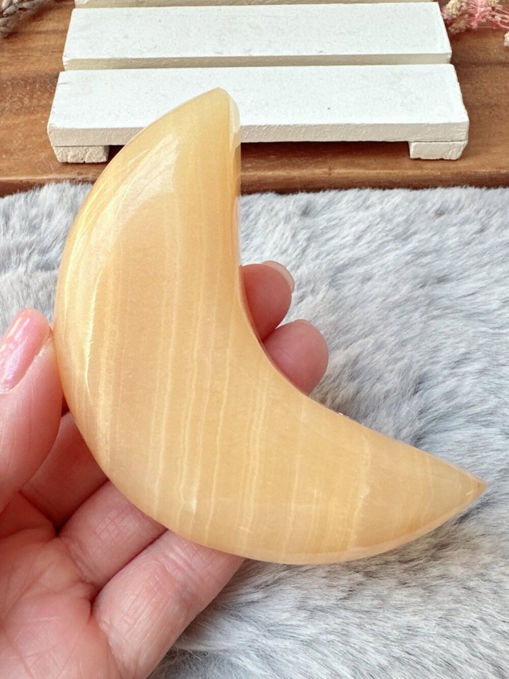 Beautiful Orange Calcite Moon with Flat Back Carving